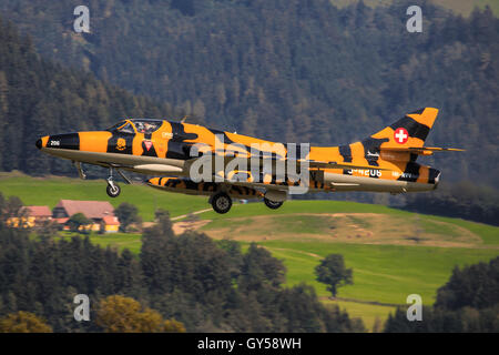 ZELTWEG, STYRIA, AUSTRIA - SEPTEMBER 02:Hawker Hunter fighter jet of the Swiss airforce at Airpower 2016, in Zeltweg, Austria Stock Photo