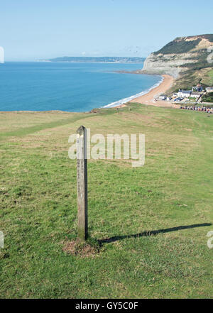 Signpost on the South West Coast Path, Golden Cap, Dorset. Stock Photo