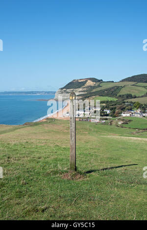 Signpost on the South West Coast Path, Golden Cap, Dorset. Stock Photo