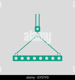 Icon of slab hanged on crane hook by rope slings . Gray background with green. Vector illustration. Stock Vector