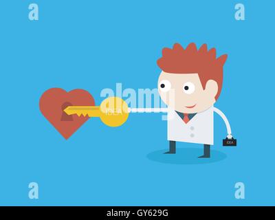 The illustration shows the young man. The man opens clef a symbol of the heart. vector Stock Vector