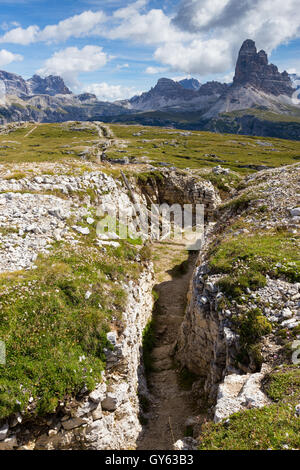 Trenches of the First World War on Monte Piana, the Tre Cime di Lavaredo in background. The Sexten Dolomites. Italian Alps. Europe. Stock Photo