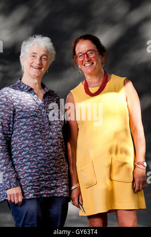 Valerie Gillies, the Scottish Poet and Dr. Lesley Morrison, a Scottish G.P. and creator of a book of poetry for junior doctors, at the Edinburgh International Book Festival. Edinburgh, Scotland. 22nd August 2016 Stock Photo