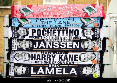Tottenham Hotspur scarves for sale outside the ground during the Premier League match at White Hart Lane, London. Stock Photo