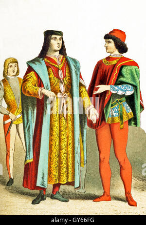 The Italian figures represented date to A.D. 1400. They are, from left to right: a Florentine, a man of rank in Milan, and a man of rank in Venice. The illustration dates to 1882. Stock Photo