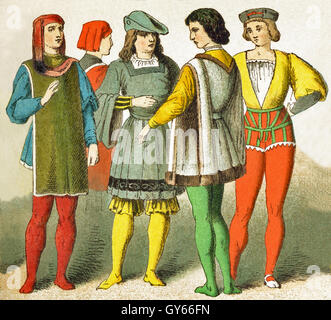 The Italian figures represented date to A.D. 1400. They are, from left to right: a Venetian, two Florentines, page, and a young Italian. The illustration dates to 1882. Stock Photo