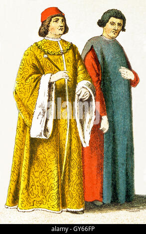 The Italian figures represented date to A.D. 1400. They are, from left to right: an Italian magistrate, scholar, Florentine magistrate, Venetian senator. The illustration dates to 1882. Stock Photo