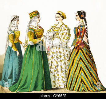 The figures represented in this illustration date to the 1400s. They are, from left to right: noble lady, Queen Catarina Cornaro of Cyprus, noble ladies. Stock Photo