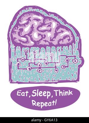 brain, and electronic circuit with eat sleep think repeat text,  illustration hand draw isolated in white. Stock Vector