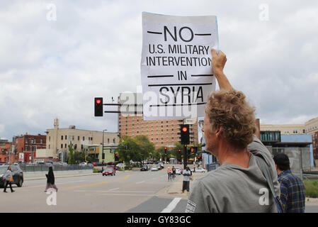 Minneapolis, Minnesota, USA. 17th September, 2016. A protester holds a sign at a rally against Islamophobia in Minneapolis, Minnesota. Credit:  Gina Kelly / Alamy Live News Stock Photo