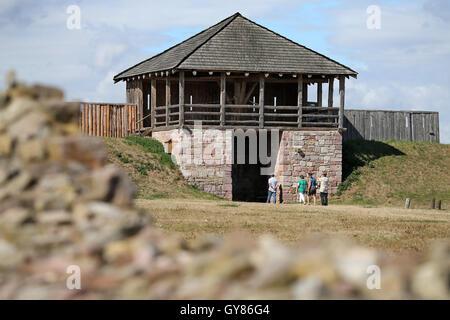 Tilleda, Germany. 29th Aug, 2016. Visitors walk through the Tilleda royal palace in Tilleda, Germany, 29 August 2016. It was determined during excavations that the former mediaeval royal palace was twice as large as previously thought. In 972 Emperor Otto II (955-983) gave the area of the Tilleda royal palace to his wife, the Byzantine princess Theophano, as a dowry. With a surface of 4 hectares, Tilleda is the largest archaeological open-air museum in Saxony-Anhalt today. Photo: JAN WOITAS/dpa/Alamy Live News Stock Photo