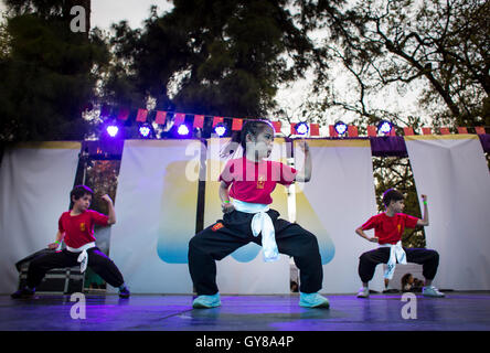 Buenos Aires, Argentina. 17th Sep, 2016. Pupils perform Wushu during the celebrations of Mid-Autumn Festival in Buenos Aires, Argentina, on Sept. 17, 2016. Buenos Aires hosted on Saturday celebration of Mid-Autumn Festival with music, gastronomy and typical dances of China. Credit:  Martin Zabala/Xinhua/Alamy Live News Stock Photo