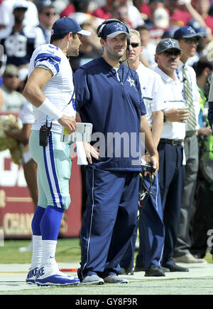Landover, Maryland, USA. 18th Sep, 2016. Injured Dallas Cowboys quarterback Tony Romo (9), in blue shirt and pants, discusses strategy withback-up quarterback Mark Sanchez (3) during second quarter action against the Washington Redskins at FedEx Field in Landover, Maryland on Sunday, September 18, 2016.Credit: Ron Sachs/CNP Credit:  Ron Sachs/CNP/ZUMA Wire/Alamy Live News Stock Photo