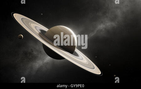 Planet Saturn in deep space with major moons according to scale (Elements of planet texture for 3d render furnished by NASA) Stock Photo