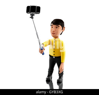 3d Illustration. Man taking a selfie with selfie stick and smartphone. Isolated white background. Stock Photo