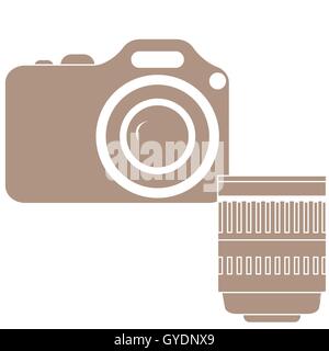 Stylized icon of a colored camera with lens on a white background Stock Vector