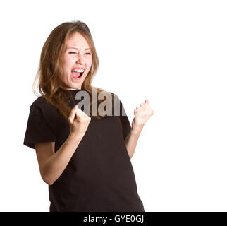 Portrait of an attractive beautiful happy young caucasian woman / lady / girl / female / model  gesturing success crying Stock Photo