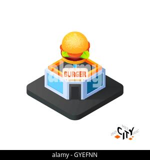 Isometric burger cafe icon, building city infographic element, vector illustration Stock Vector