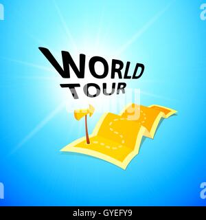 World tour concept logo, long route in travel map with guide marker Stock Vector