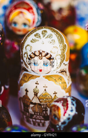 Beautiful Colorful Russian Nesting Dolls Matreshka At Market. Matrioshka Is Folks Cultural Symbol Of Russia. Wooden Doll Matryos Stock Photo