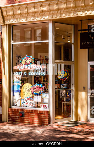Comics store, front door, entrance, shop windows, colorful superhero ...