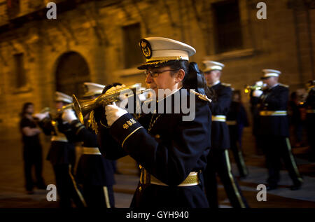 A bugle band plays during an Easter Holy Week procession in Astorga, Castilla y Leon, Spain. Stock Photo