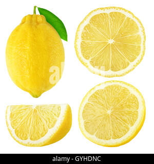 Isolated lemons. Whole and cut lemon fruits isolated on white background with clipping path Stock Photo