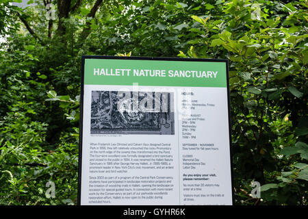 New York City,NY NYC Upper Manhattan,Central Park,urban park,Hallett Nature Sanctuary,preserve,trail,woodland,vegetation,sign,history,visitor informat Stock Photo