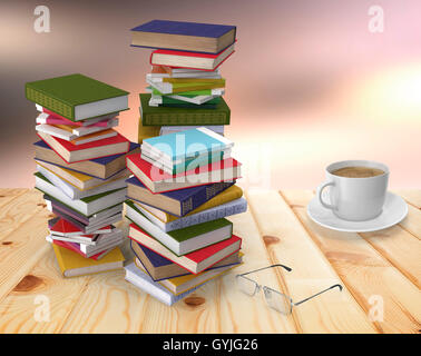 On bright wooden table two piles of books and notebooks, glasses, Cup of coffee. Stock Photo