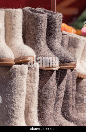 Russian felt boots on market stand closeup Stock Photo