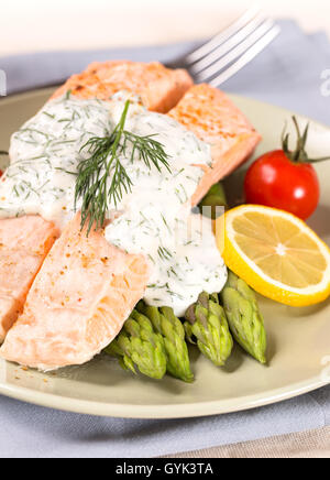 Salmon with steamed asparagus Stock Photo