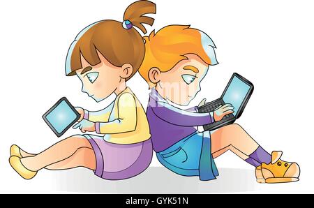 Children with gadgets, boy and laptop, girl reads tablet, vector Stock Vector