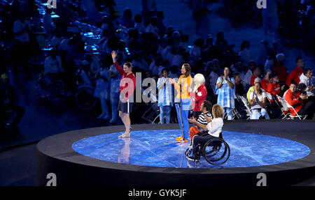 Great Britain's Dame Sarah Storey waves as she is presented as a new member of the IPC Athletes Council along with four other athletes during the closing ceremony on the eleventh day of the 2016 Rio Paralympic Games at the Maracana, Rio de Janeiro, Brazil.