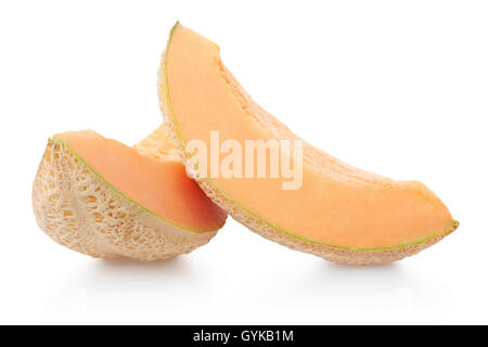Cantaloupe melon slices on white, clipping path Stock Photo