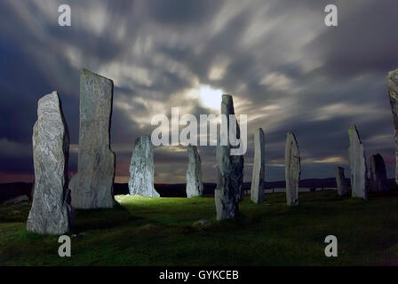 Callanish Stone Circle at night during full moon Isle of Lewis Outer Hebrides Western Isles Scotland UK GB Europe Standing stone Stock Photo