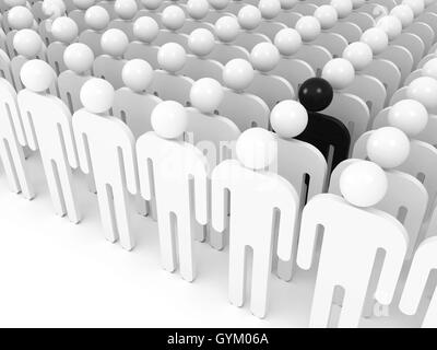 Difference concept. One black schematic man in crowd of white people, digital 3d illustration Stock Photo