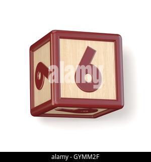 Number 6 SIX wooden alphabet blocks font rotated. 3D render illustration isolated on white background Stock Photo