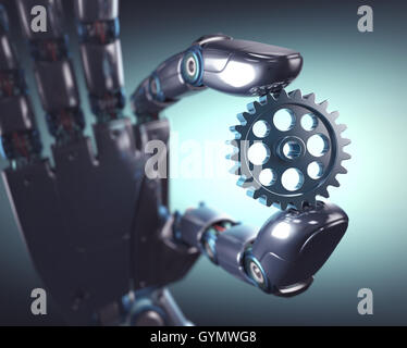 3D illustration. Robotic hand holding a gear. Concept of mechanical engineering and automation. Stock Photo