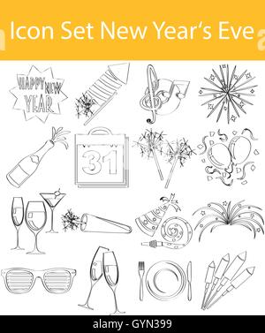 Drawn Doodle Lined Icon Set New Year's Eve with 16 icons for the creative use in graphic design Stock Vector