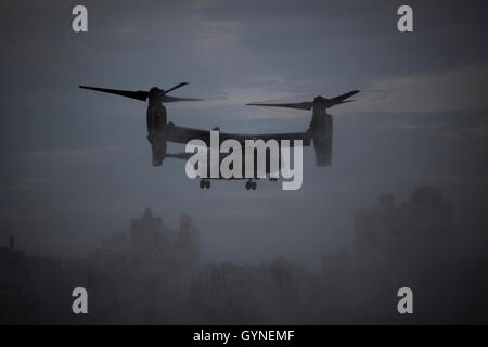 His Last Major Appearance At The Annual Gathering Of World Leaders. 18th Sep, 2016. a Bell-Boeing V-22 Osprey carrying press and staff arrives in Manhattan ahead of Marine One in New York, New York on Sunday, September 18, 2016. United States President Barack Obama will address the 71st UN General Assembly Tuesday in his last major appearance at the annual gathering of world leaders. Credit: John Taggart/Pool via CNP - NO WIRE SERVICE - © dpa/Alamy Live News Stock Photo