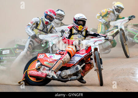 Pardubice, Czech Republic. 18th Sep, 2016. Russian rider Emil Sayfutdinov (front) won the Golden Helmet international speedway race, ahead of Polish Rune Holta and German Martin Smolinski, in Pardubice, Czech Republic, September 18, 2016. Credit:  David Tanecek/CTK Photo/Alamy Live News Stock Photo