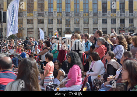 Grand Place crowded by tourists during Folklorissimo 2016 Folkloric Festival in Brussels, Belgium, on Sunday, September 18, 2016. In 2016 country of festival is Japan. Stock Photo