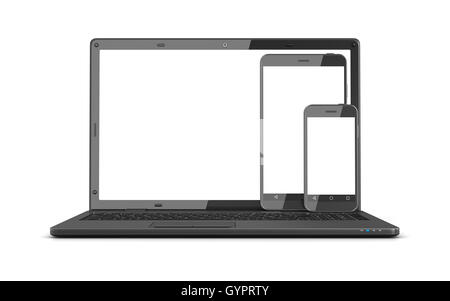Laptop, tablet pc and smartphone with a white screen , This is a 3d computer generated image. Isolated on white. Stock Photo