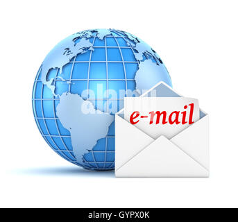 E-mail concept with world and envelope , This is a 3d computer generated image. Isolated on white. Stock Photo