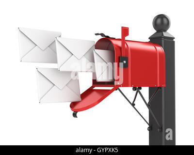 Red mailbox with letters , This is a 3d computer generated image. Isolated on white. Stock Photo