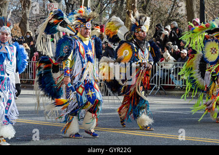Members of the Minnesota-based Native Pride Dancers march in the Macy's Thanksgiving Day Parade, New York City. Stock Photo