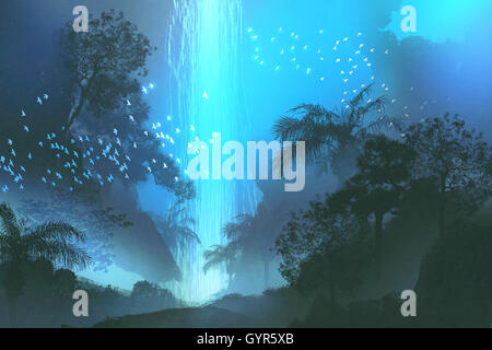 night scenery showing blue waterfall in forest,landscape painting,illustration Stock Photo