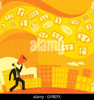 Communicating with Social Media A businessman shouting in a megaphone and communicating his message using social media. Stock Vector
