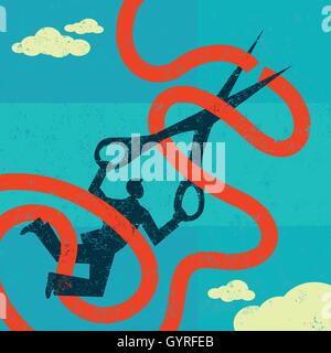 Cutting red tape A man caught in red tape is cutting through it with large scissors. Stock Vector
