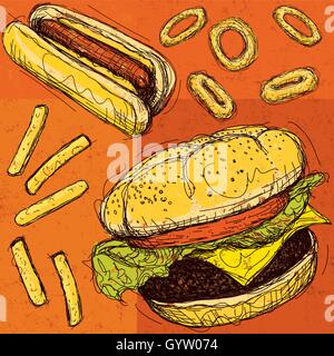 A hamburger, hot dog, french fries,  and onion rings over an abstract background. Stock Vector